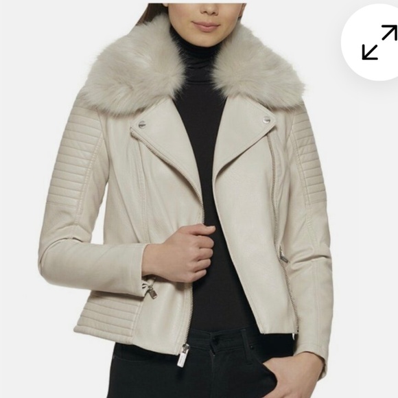 GUESS Faux Leather Faux Fur Moto Jacket Stone SZ L - Picture 1 of 16